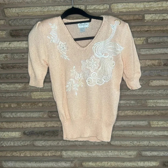 Christine Vintage 80s Peach Embroidered Floral Lace Peach Sweater Size M - Picture 1 of 7